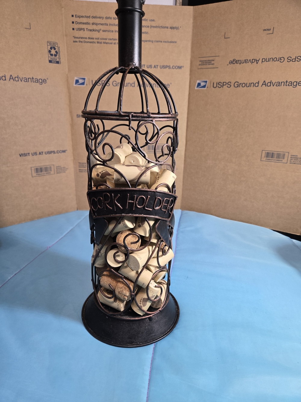 Decorative Art Cork Cage Holder Wine Bottle Shaped Bronze 15" with Corks
